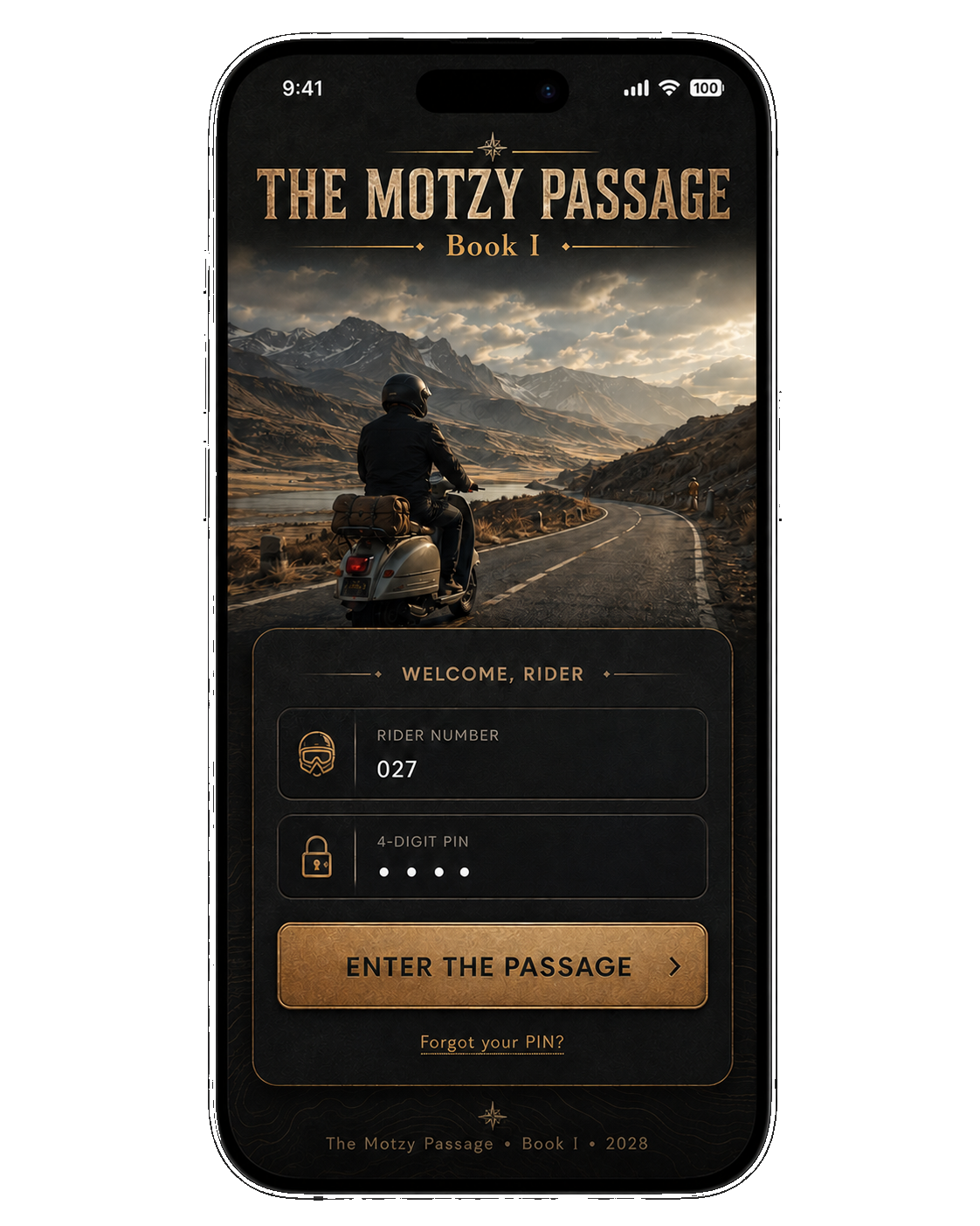 The Motzy Passage mobile app login screen