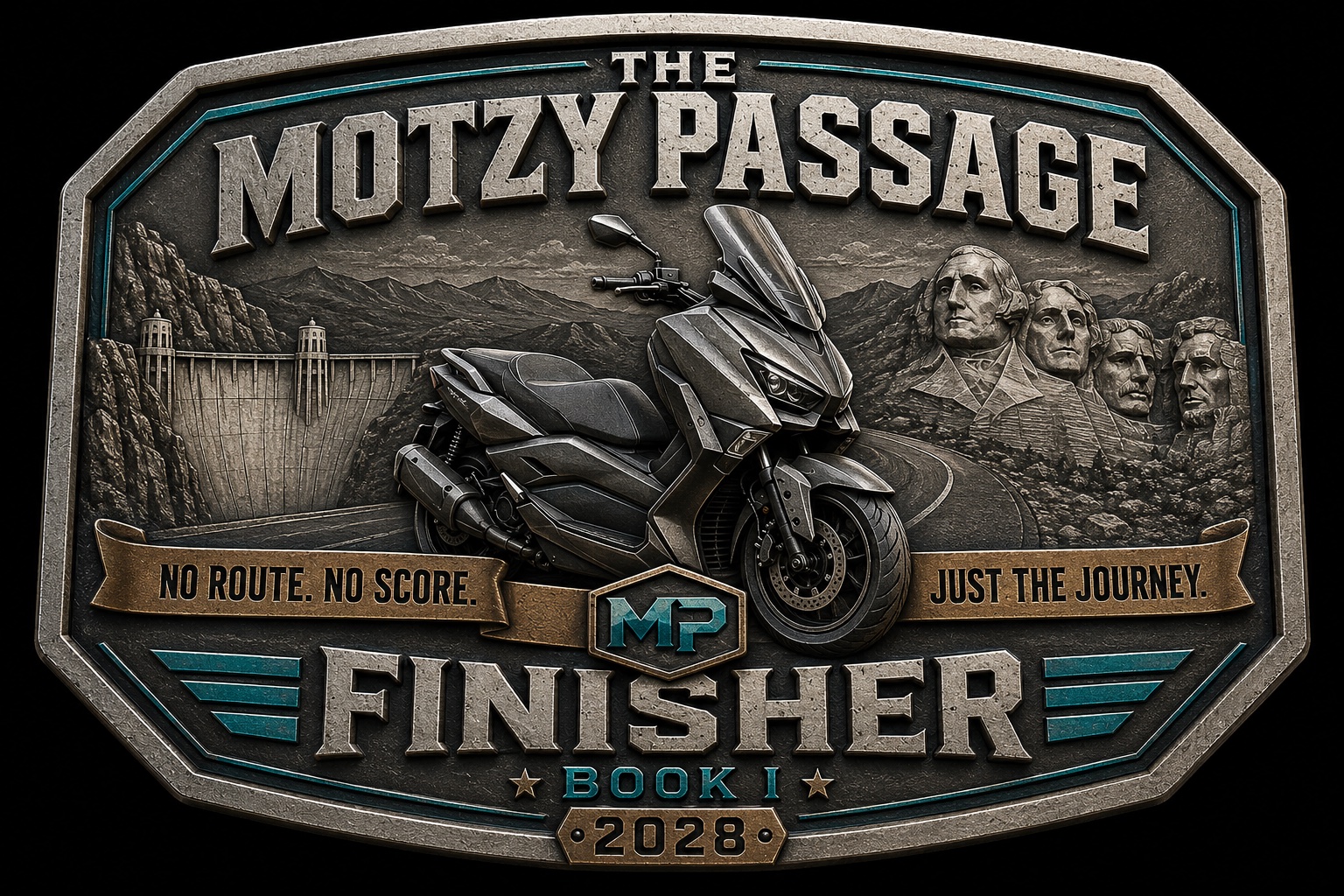 Concept design for The Motzy Passage Book I 2028 finisher buckle